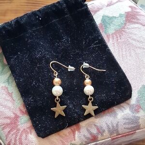 Gold-Tone Star Drop Earrings with Pearl Accent